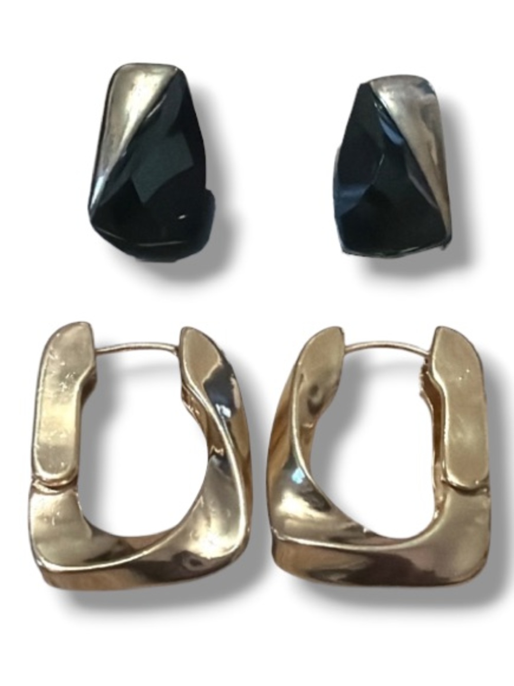 Forever 21 Women’s Bundle of Earrings Set Black & Gold Studs + Gold Hoop Squares
